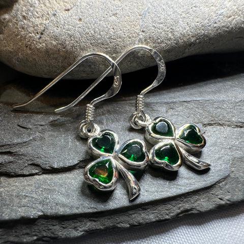 Load image into Gallery viewer, Sparkle Emerald Irish Shamrock Earrings in Sterling Silver
