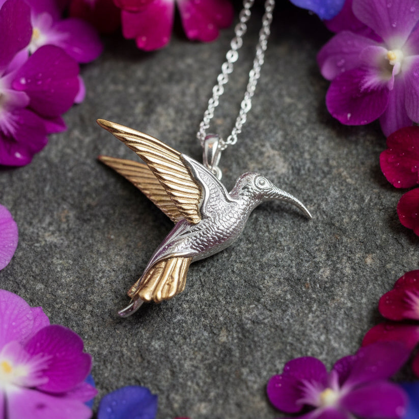 Golden Wing Hummingbird Necklace in Sterling Silver