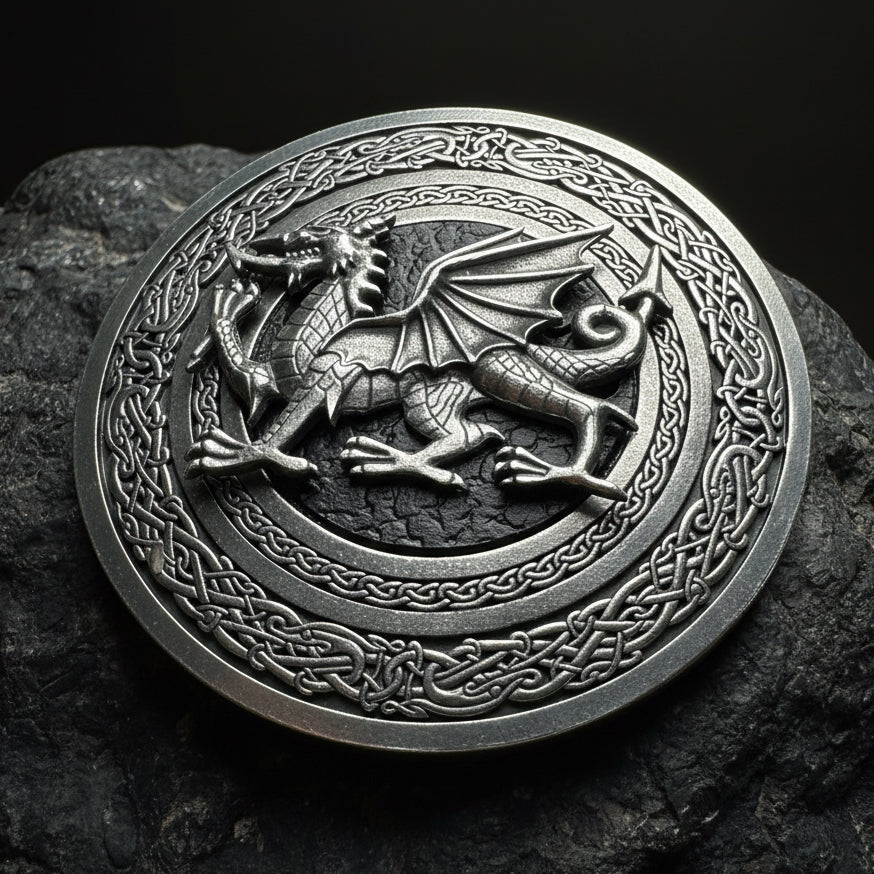 Round Celtic Welsh Dragon Kilt Belt Buckle - Handmade in Scotland