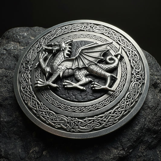 Round Celtic Welsh Dragon Kilt Belt Buckle - Handmade in Scotland