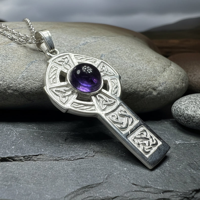 Amethyst Celtic Cross Necklace - Handmade in Scotland