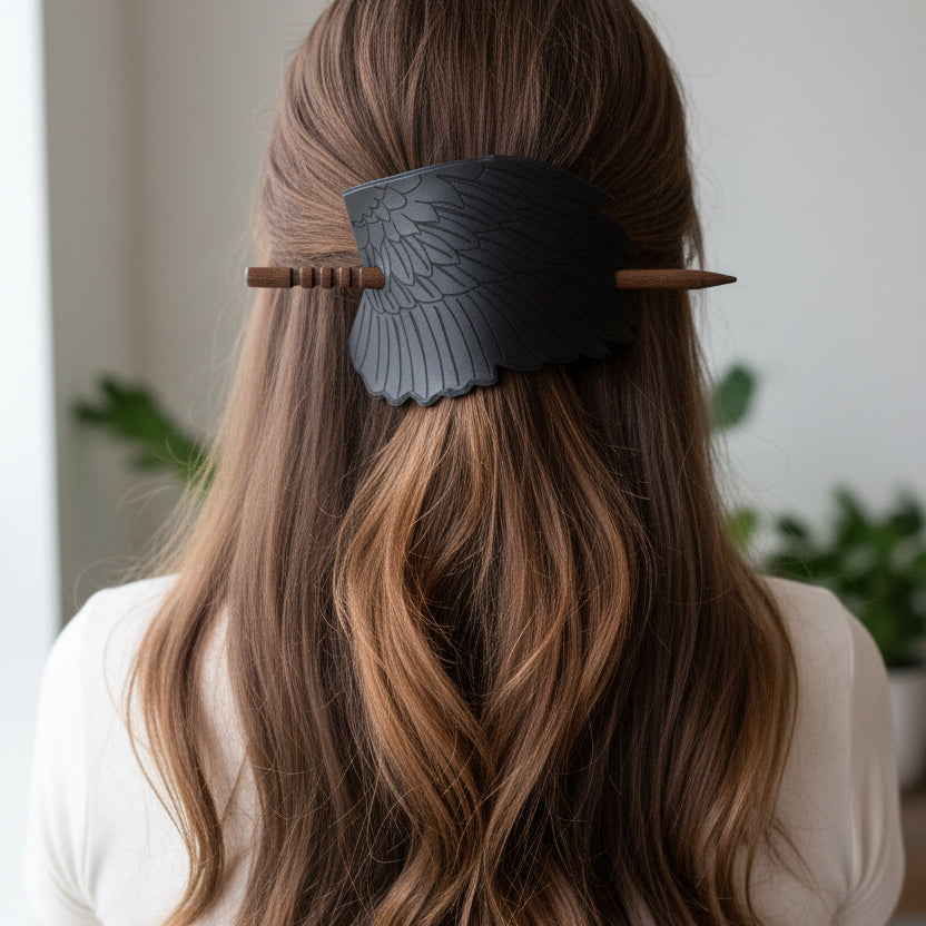Black Raven Wing Leather Hair Slide for Women