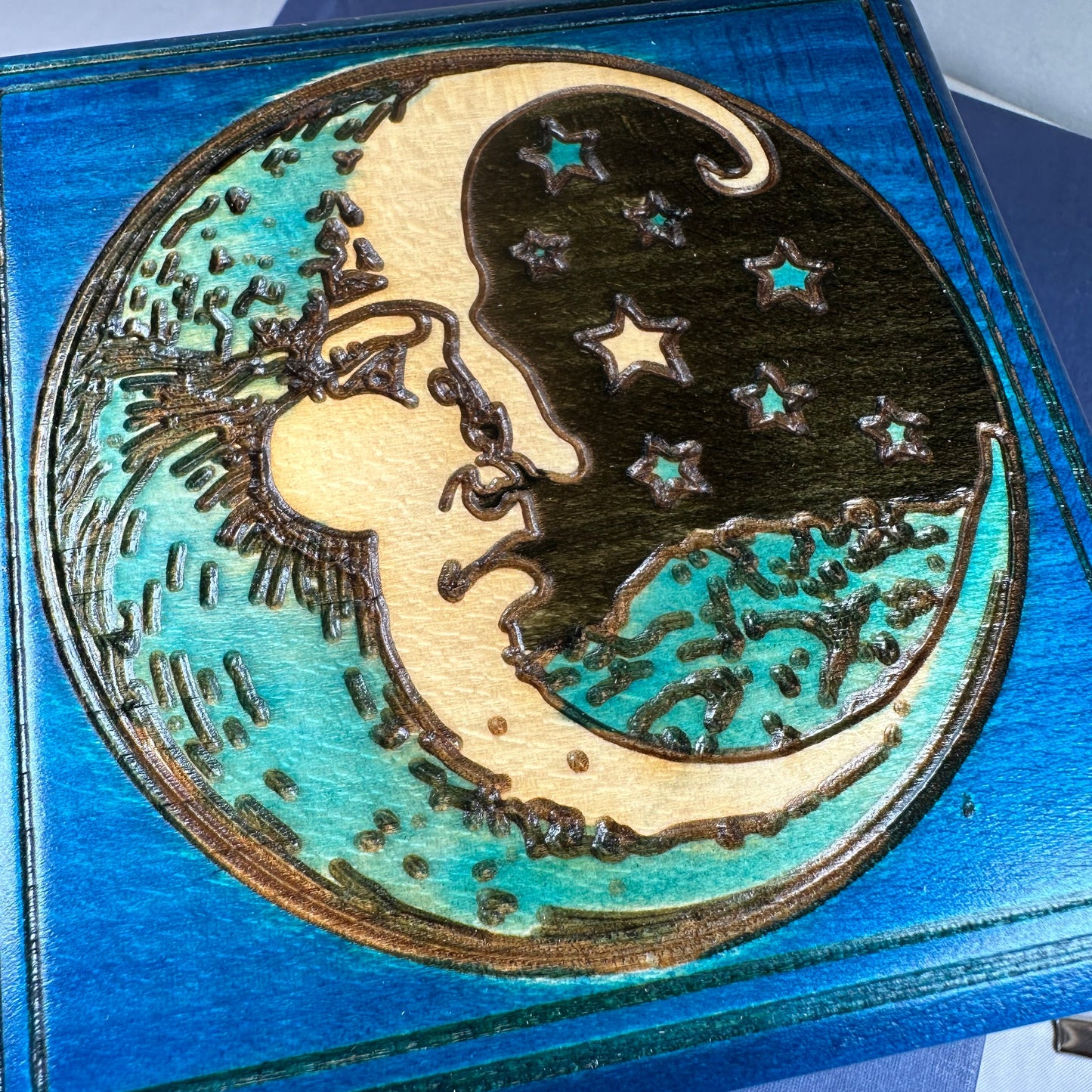 Midnight Blue Crescent Moon Keepsake Box - Handmade Wooden Box