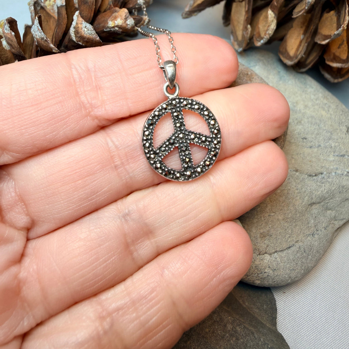 Marcasite Peace Sign Necklace in Sterling Silver