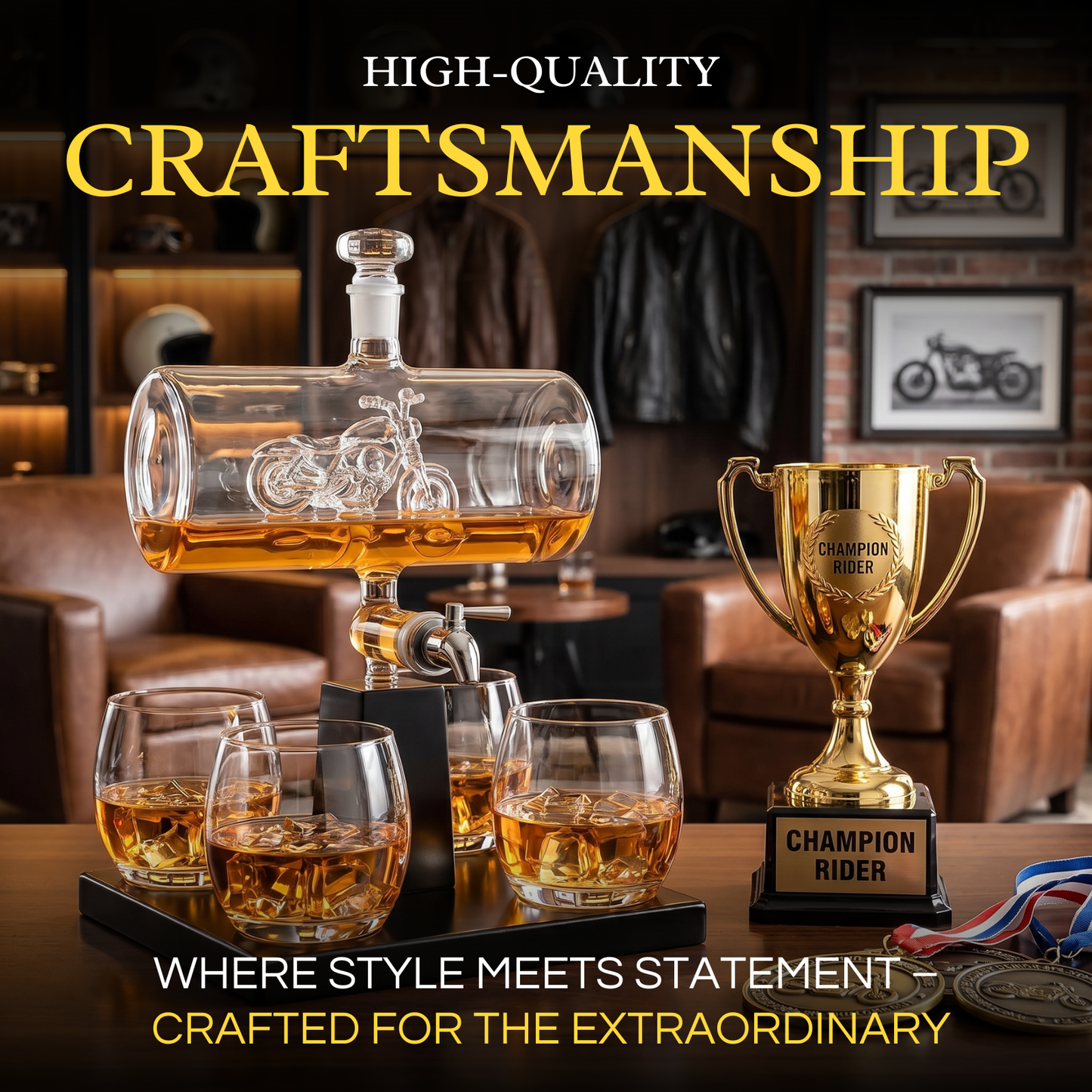 Motorcycle Decanter Whiskey Decanter Set with 4 Whiskey Glasses