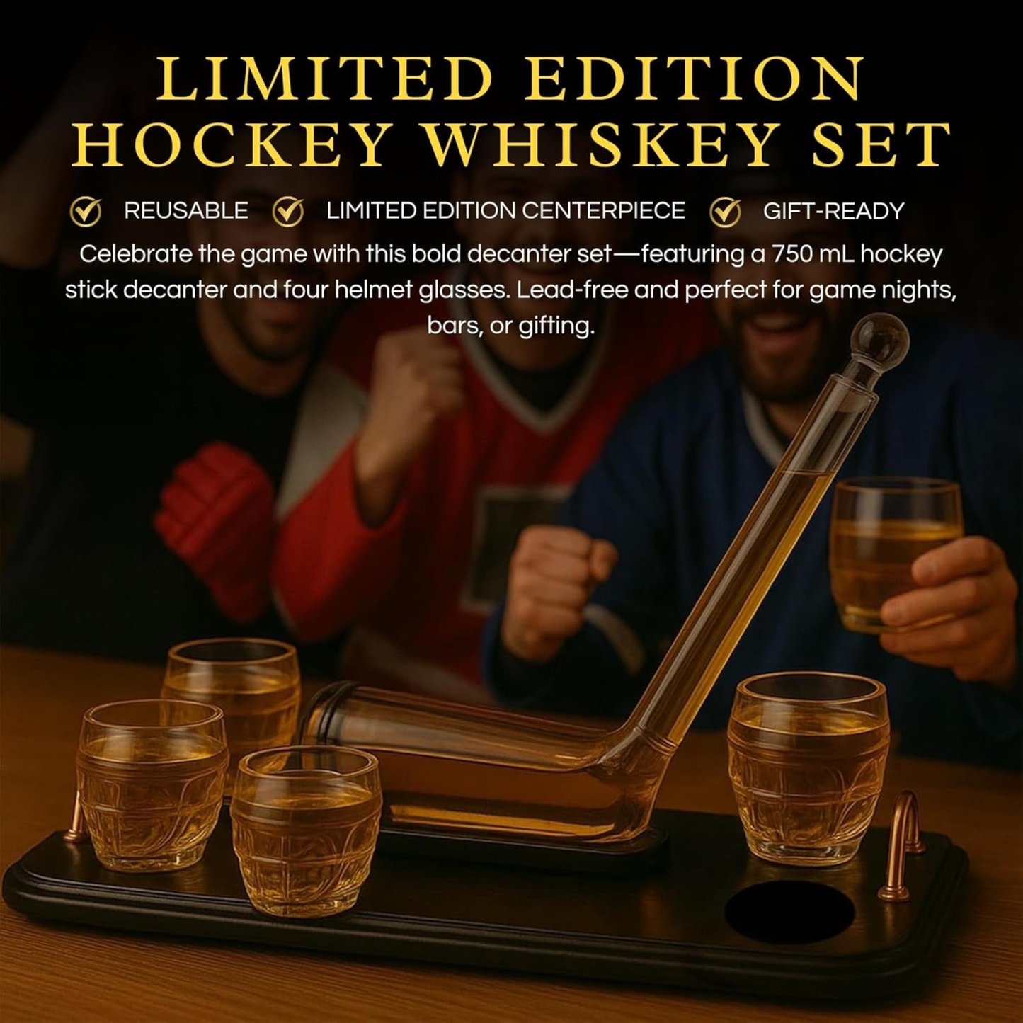 Ice Hockey Whiskey Decanter Premium Barware Gift with Four Glasses