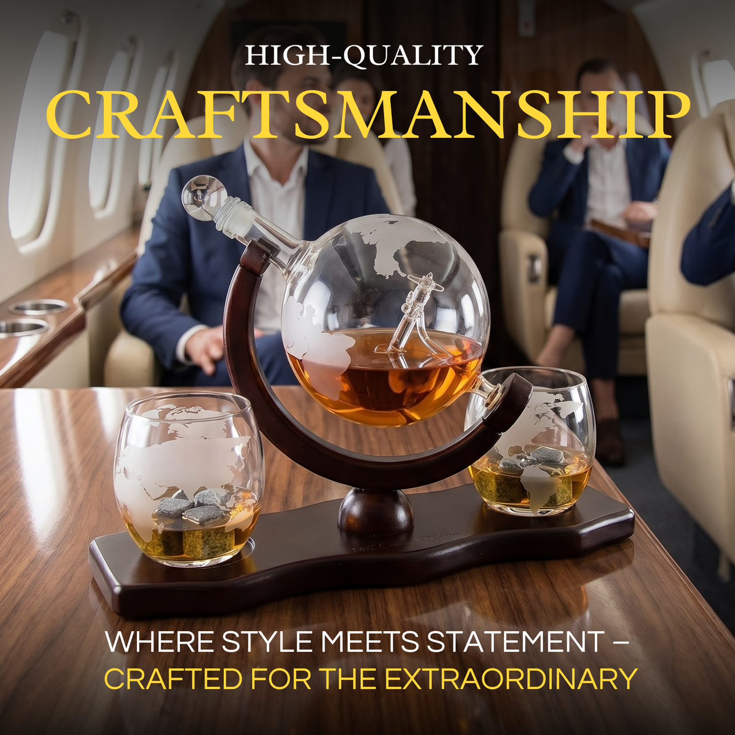 Etched World & Airplane Decanter with Whiskey Stones & Two Glasses