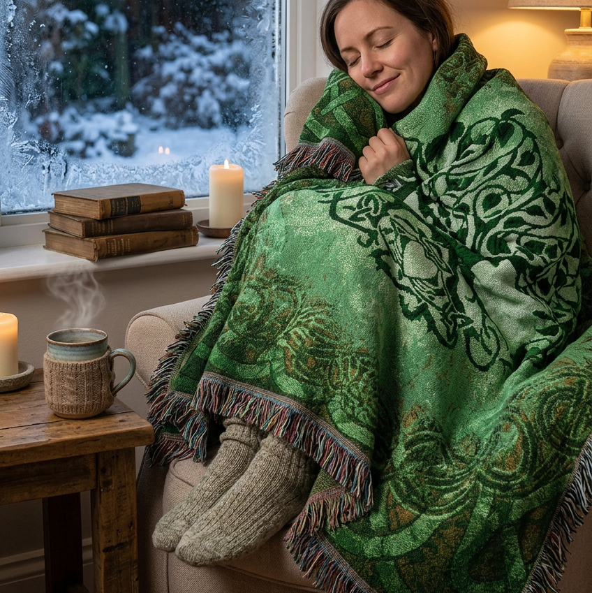 A square woven throw blanket featuring a Celtic-style tree of life design in shades of green, with a central tree motif, ornate border patterns, and fringed edges.
