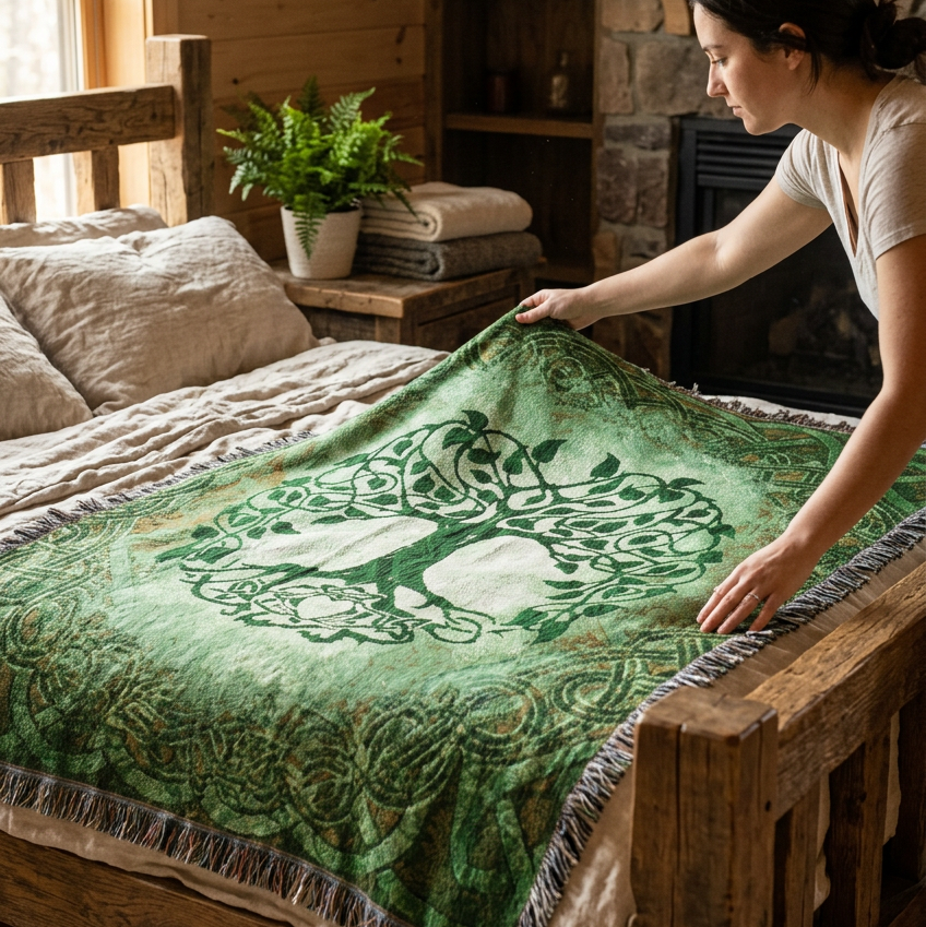 A square woven throw blanket featuring a Celtic-style tree of life design in shades of green, with a central tree motif, ornate border patterns, and fringed edges.