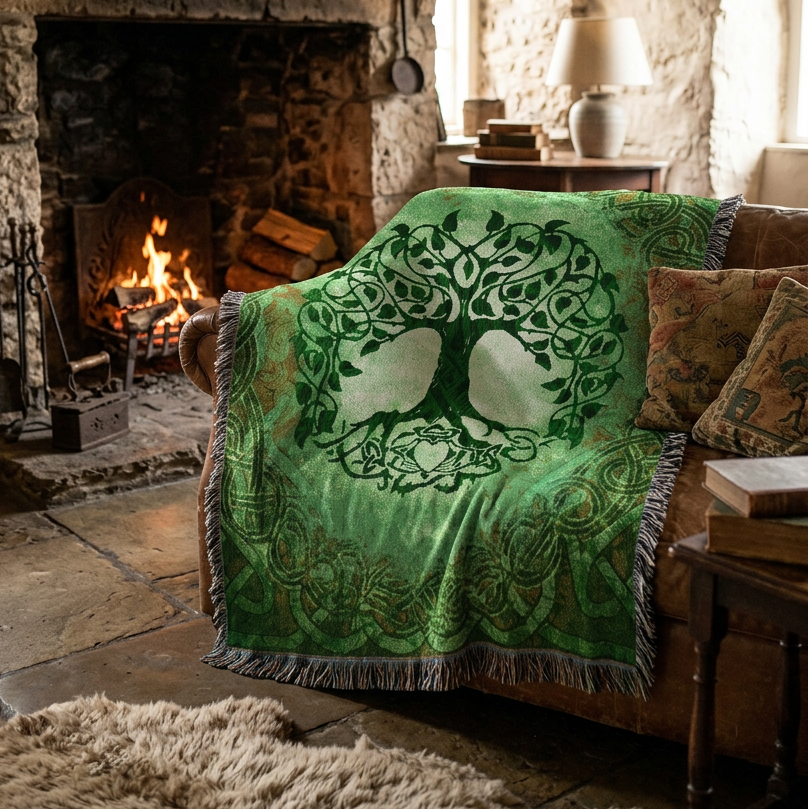A square woven throw blanket featuring a Celtic-style tree of life design in shades of green, with a central tree motif, ornate border patterns, and fringed edges.