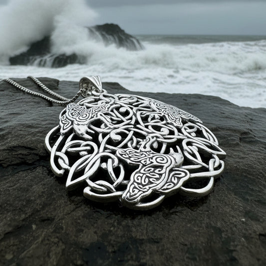 Pictish Triple Celtic Raven Necklace in Sterling Silver