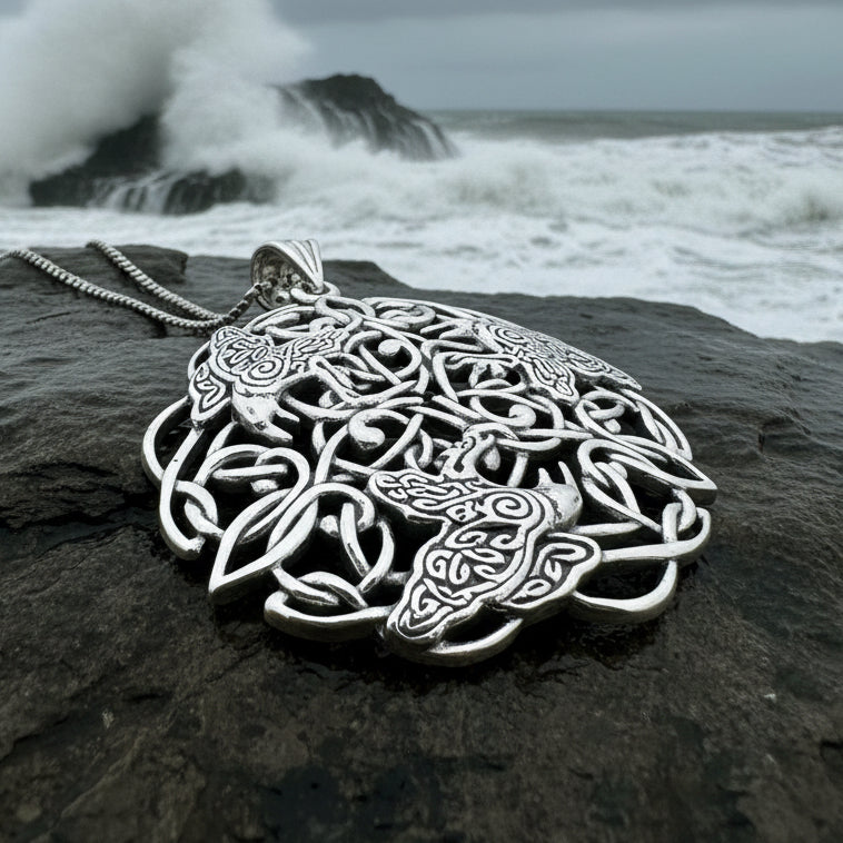 Pictish Triple Celtic Raven Necklace in Sterling Silver