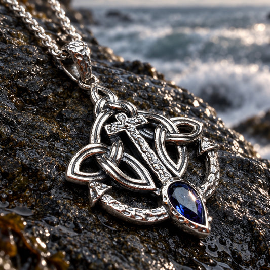 Deep Blue Celtic Anchor Cross Necklace in Sterling Silver