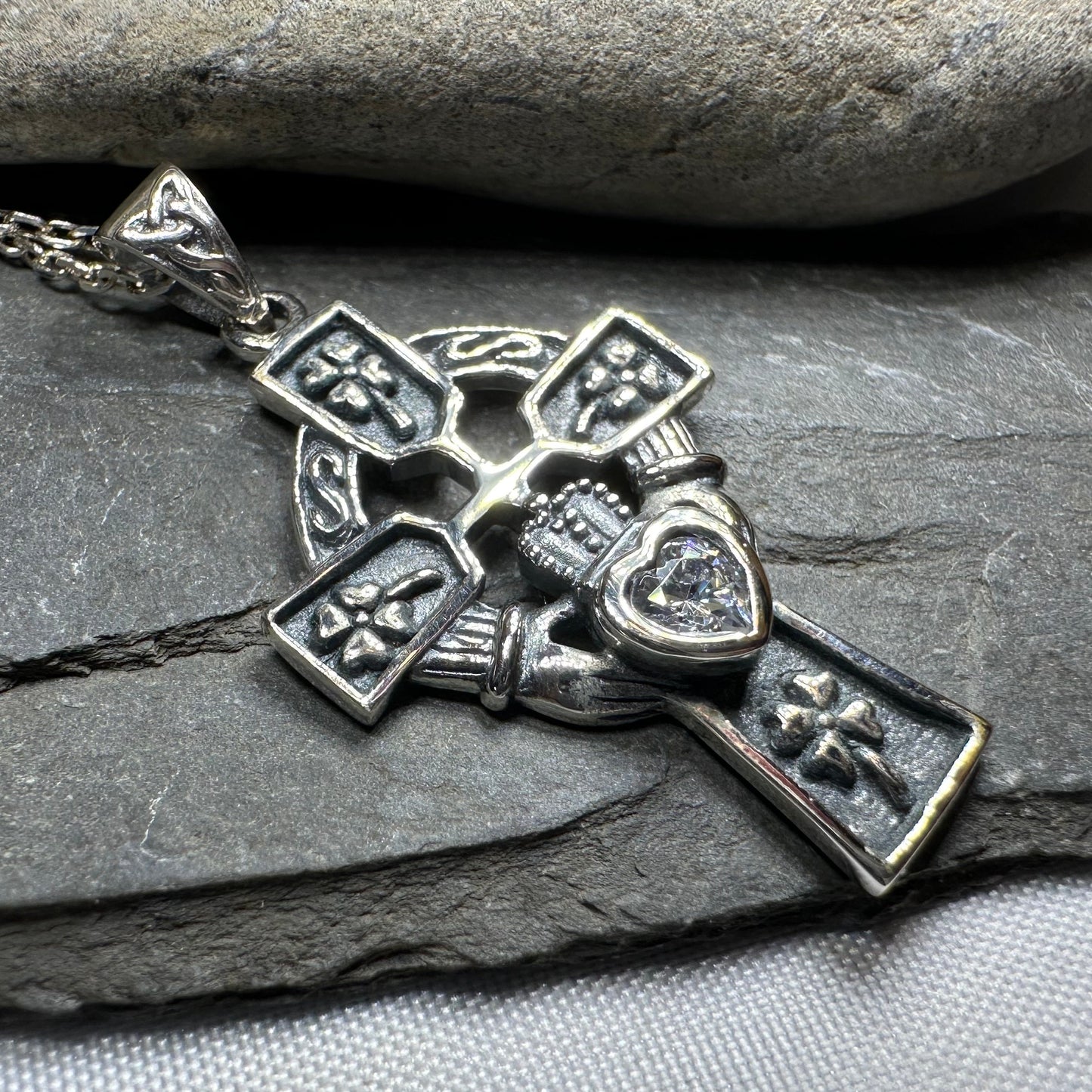 Irish Love Shamrock Claddagh Cross Necklace