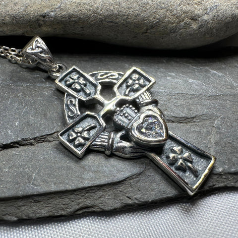Load image into Gallery viewer, Irish Love Shamrock Claddagh Cross Necklace
