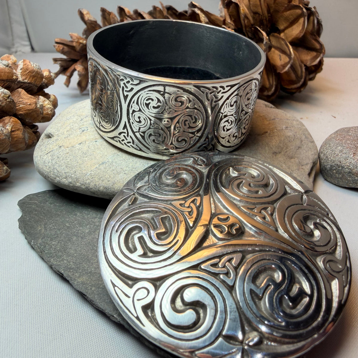 Round Celtic Triple Spiral Trinket Box  Handmade in Pewter