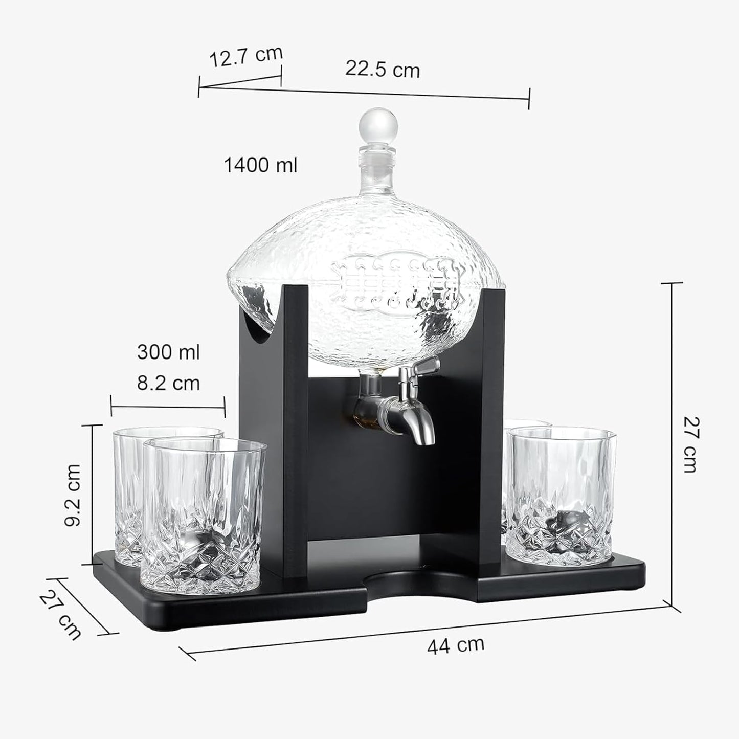 Football Whiskey Decanter With Mahogany Holder & 4 Glasses