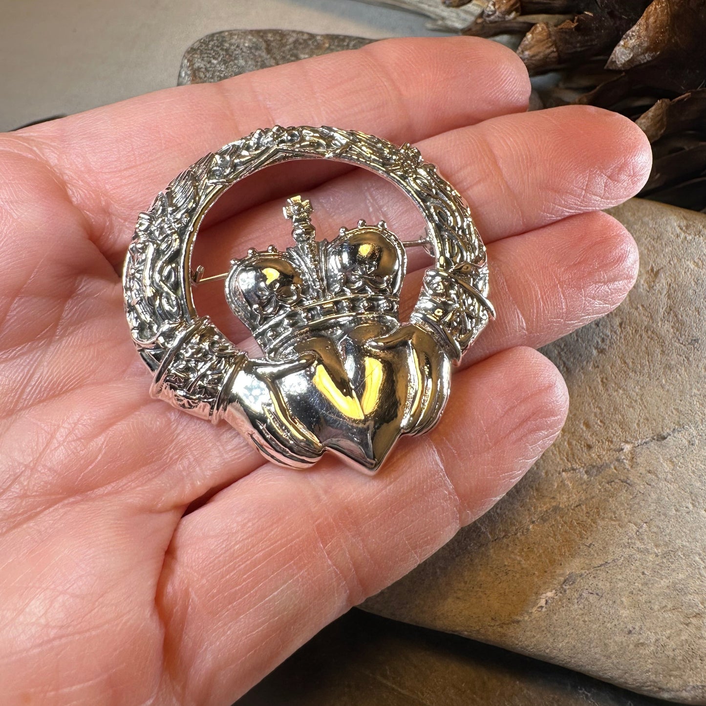 Victorian Irish Claddagh Brooch in Sterling Silver — view 4