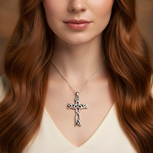 Trinity Knot Celtic Cross Necklace In Sterling Silver