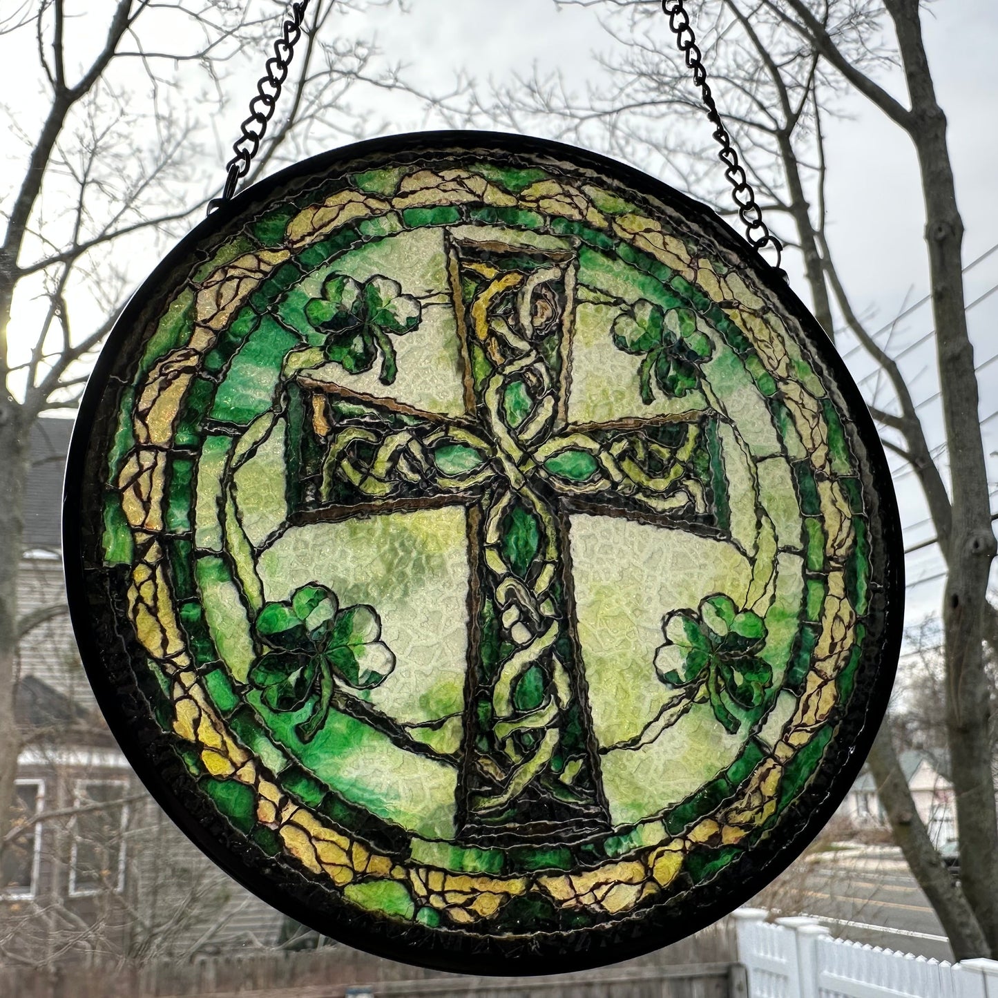 Irish Shamrock Celtic Cross Stained Glass Gift