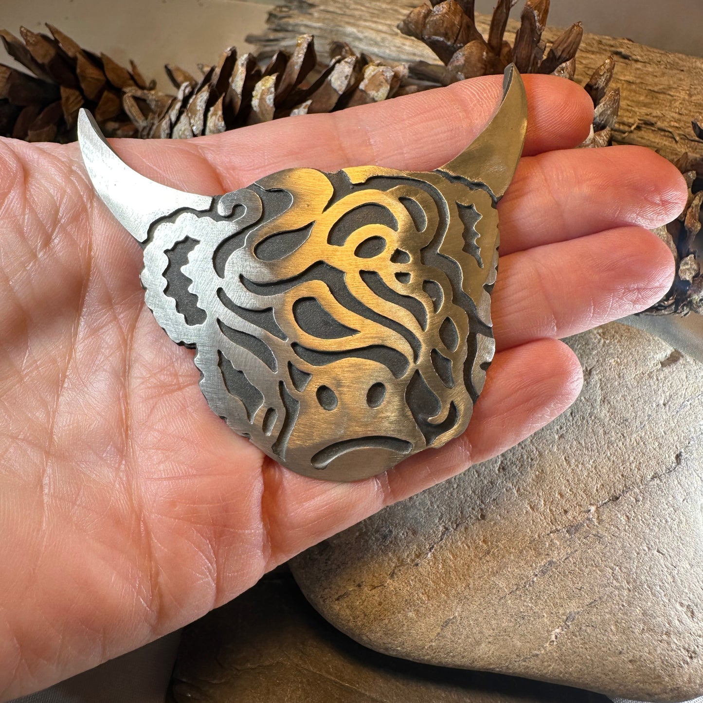 Large Celtic Highland Cow Brooch - Handmade in Scotland