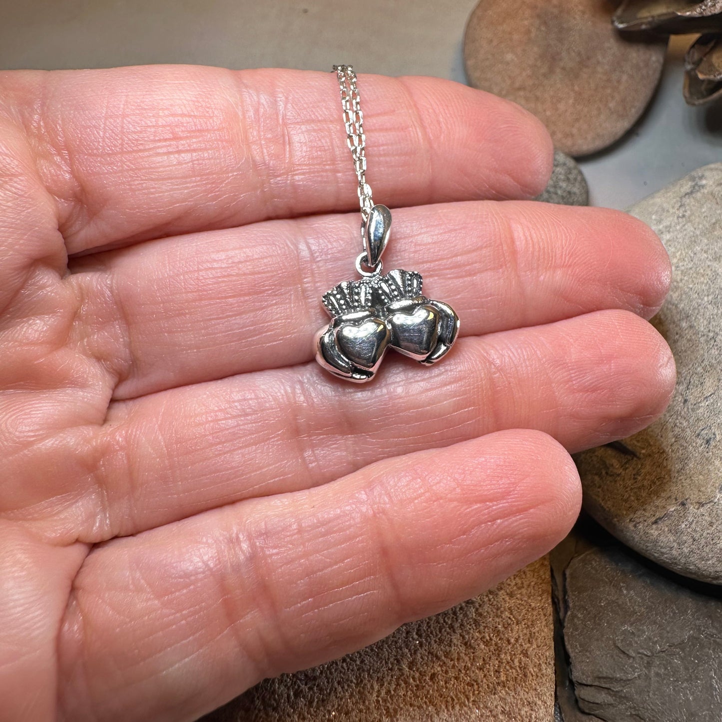 Croi Double Heart Irish Claddagh Necklace in Sterling Silver