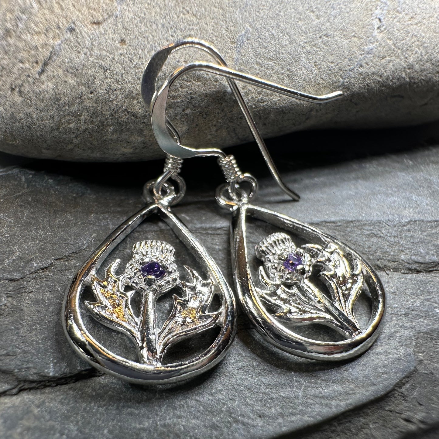 Teardrop Scottish Thistle Amethyst Earrings - Perfect Gift — view 7