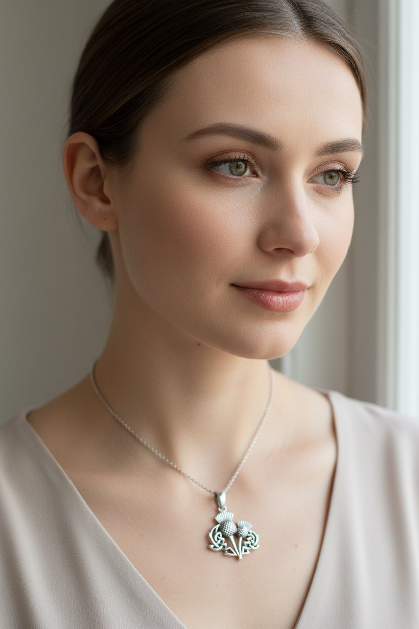 Maisie Double Scottish Thistle Necklace in Sterling Silver