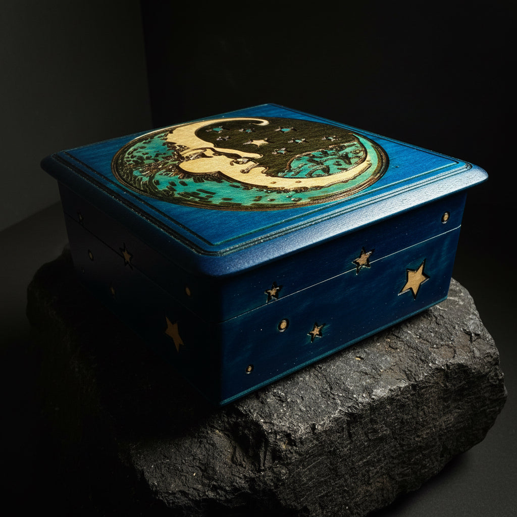 Midnight Blue Crescent Moon Keepsake Box - Handmade Wooden Box