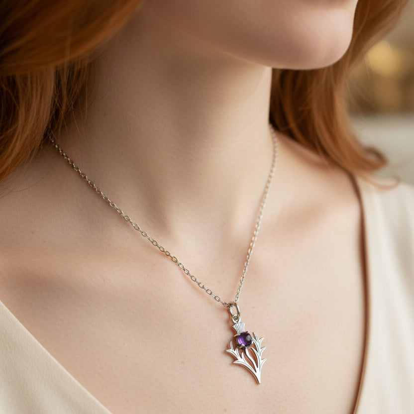 Petite Jacobite Scottish Thistle Amethyst Necklace in Sterling Silver