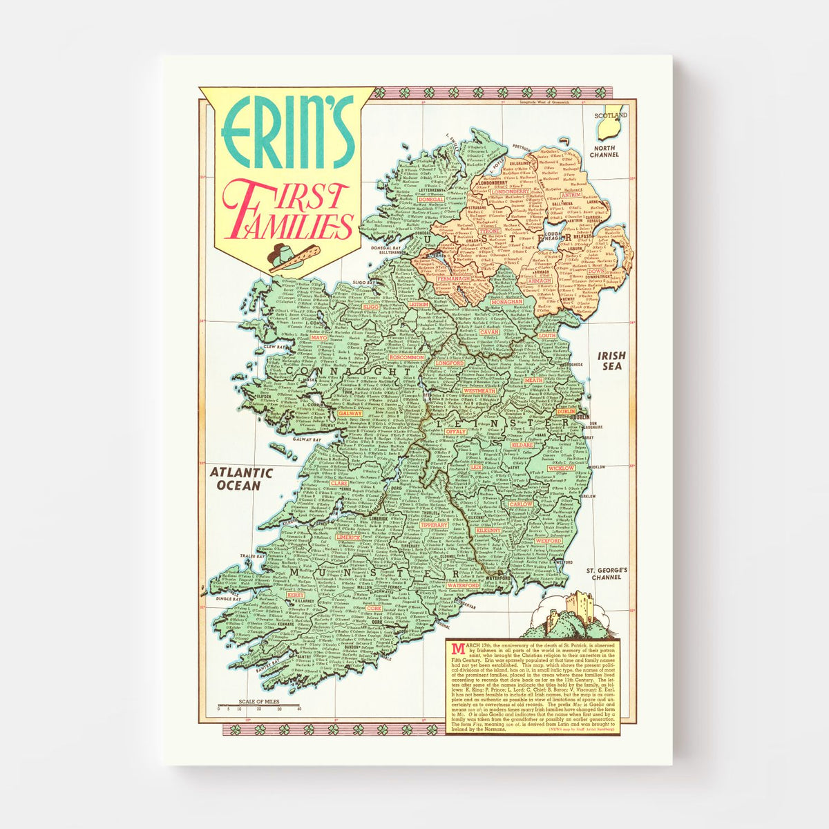 Erin's First Families Map of Ireland 1946 Wall Art