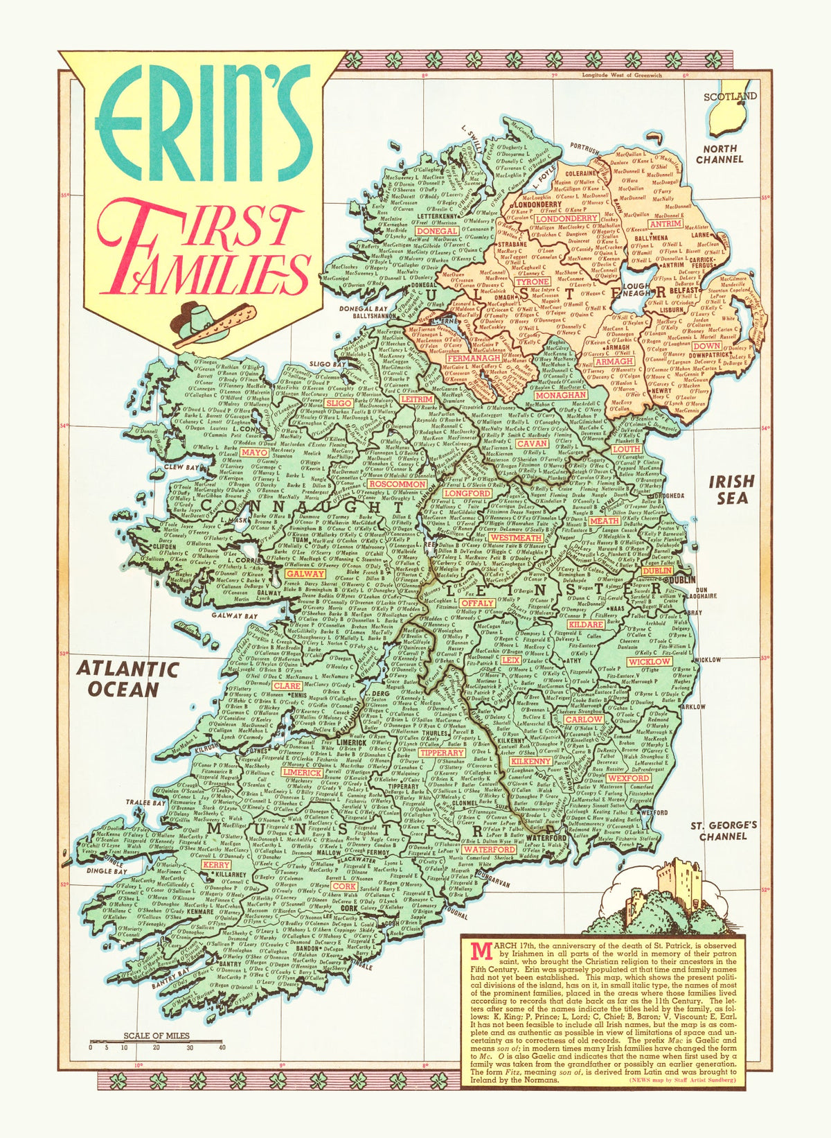 Erin's First Families Map of Ireland 1946 Wall Art