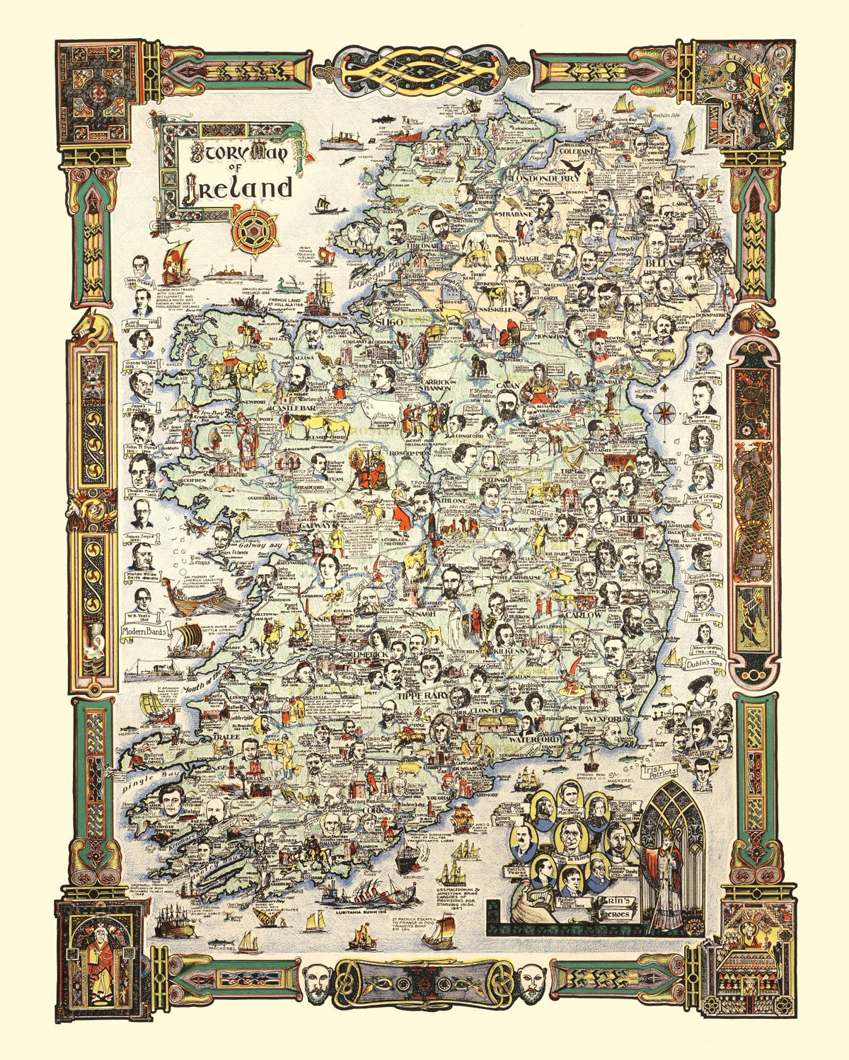 Vintage Story Map of Ireland 1936 Wall Art