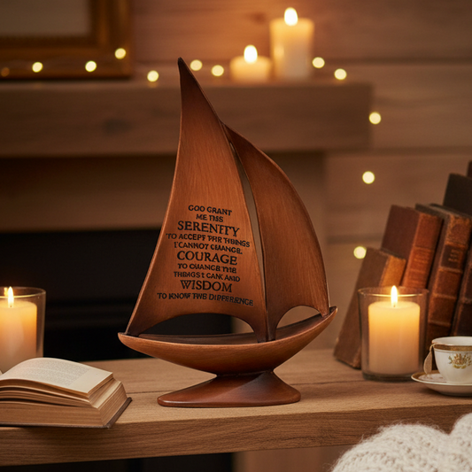 A wooden decorative sailboat model with engraved inspirational serenity text sits on a tabletop in a warmly lit room. Candles, books, and a cup are visible in the background, creating a cozy indoor setting.