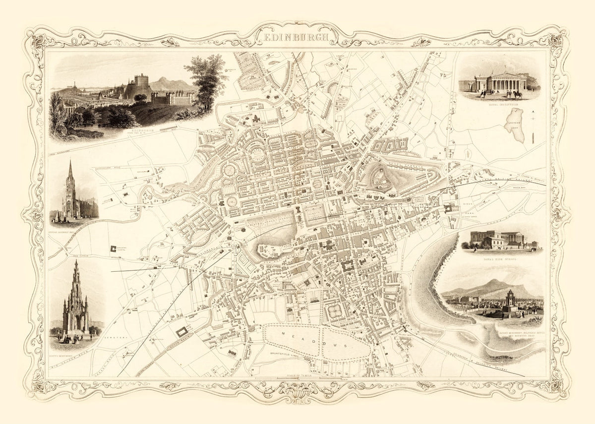 Vintage Map of Edinburgh, Scotland 1851 Wall Art