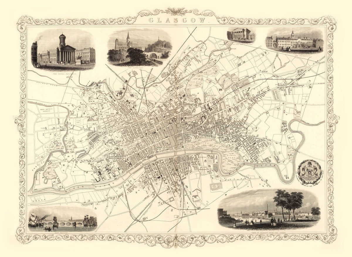 Vintage Map of Glasgow, Scotland 1851 Wall Art