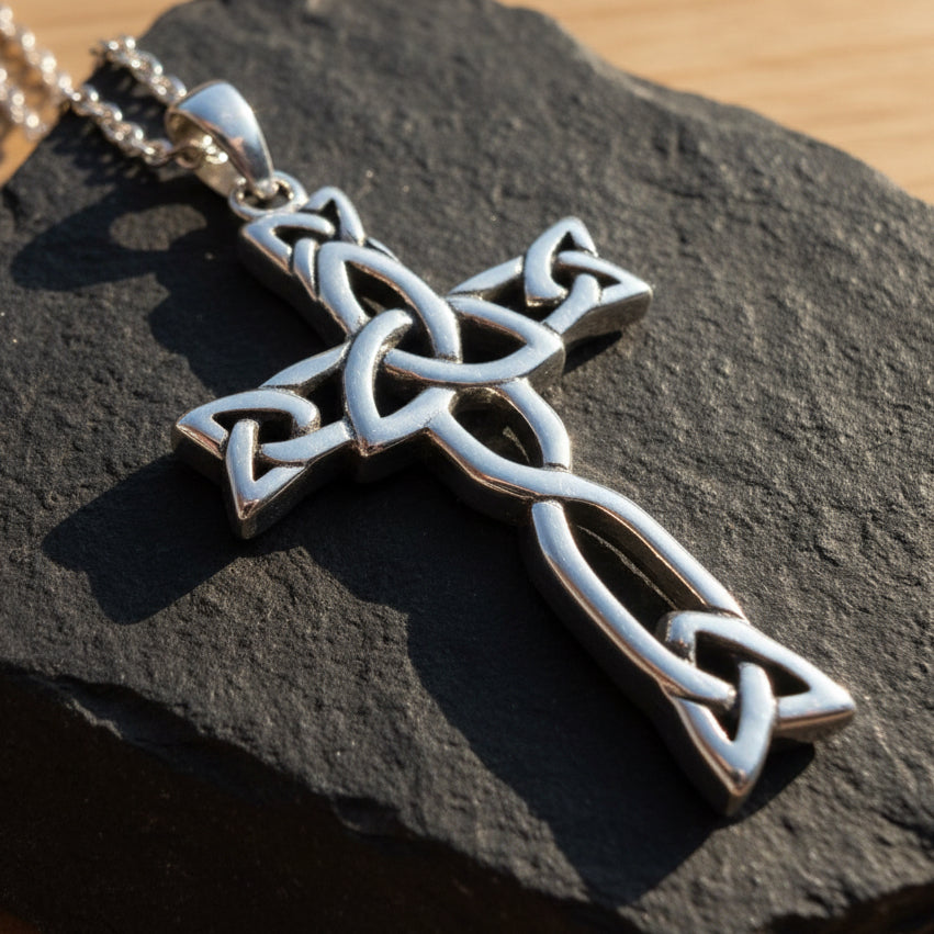 Trinity Knot Celtic Cross Necklace In Sterling Silver