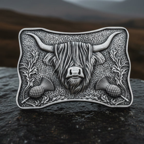Thistle & Highland Cow Kilt Belt Buckle - Handmade in Scotland
