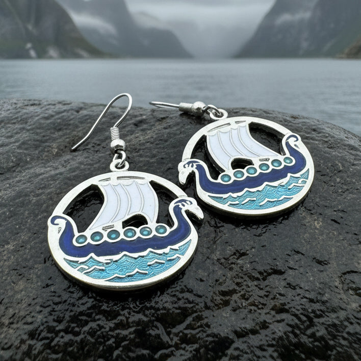 Oslo Viking Longship Enamel Earrings - Norse Jewelry