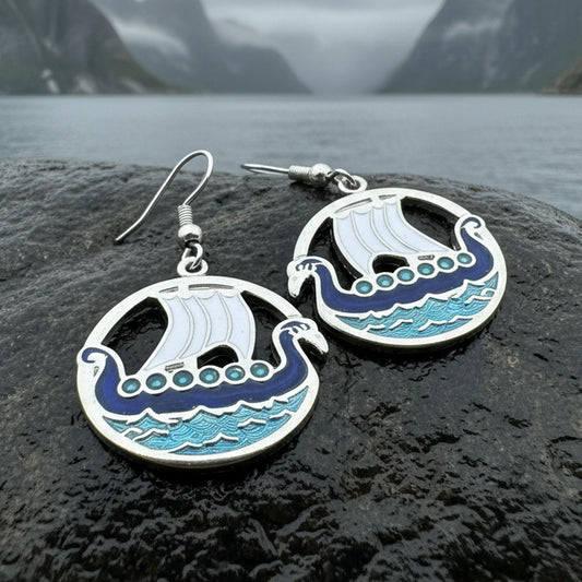 Oslo Viking Longship Enamel Earrings - Norse Jewelry