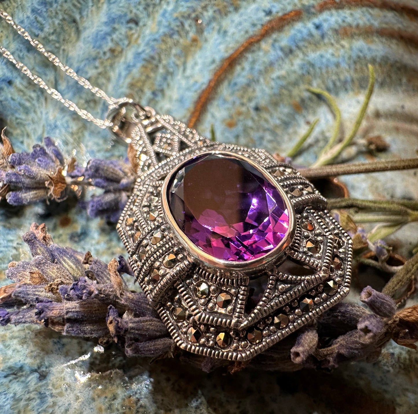 Victorian Marcasite Necklace with Amethyst