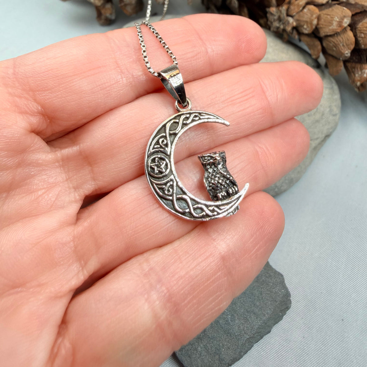 Eagna Mystical Owl Moon Necklace in Sterling Silver