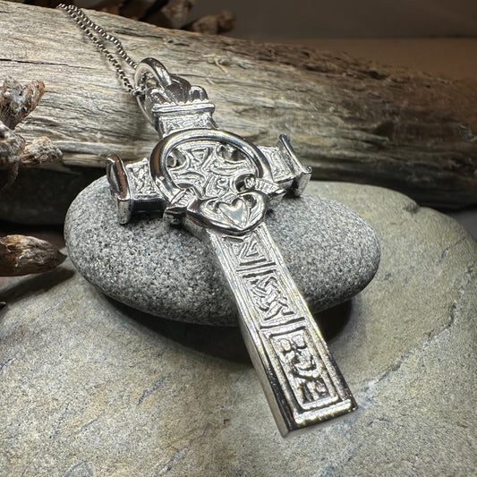 Large Artisan Irish Claddagh Cross Necklace - Made in Ireland