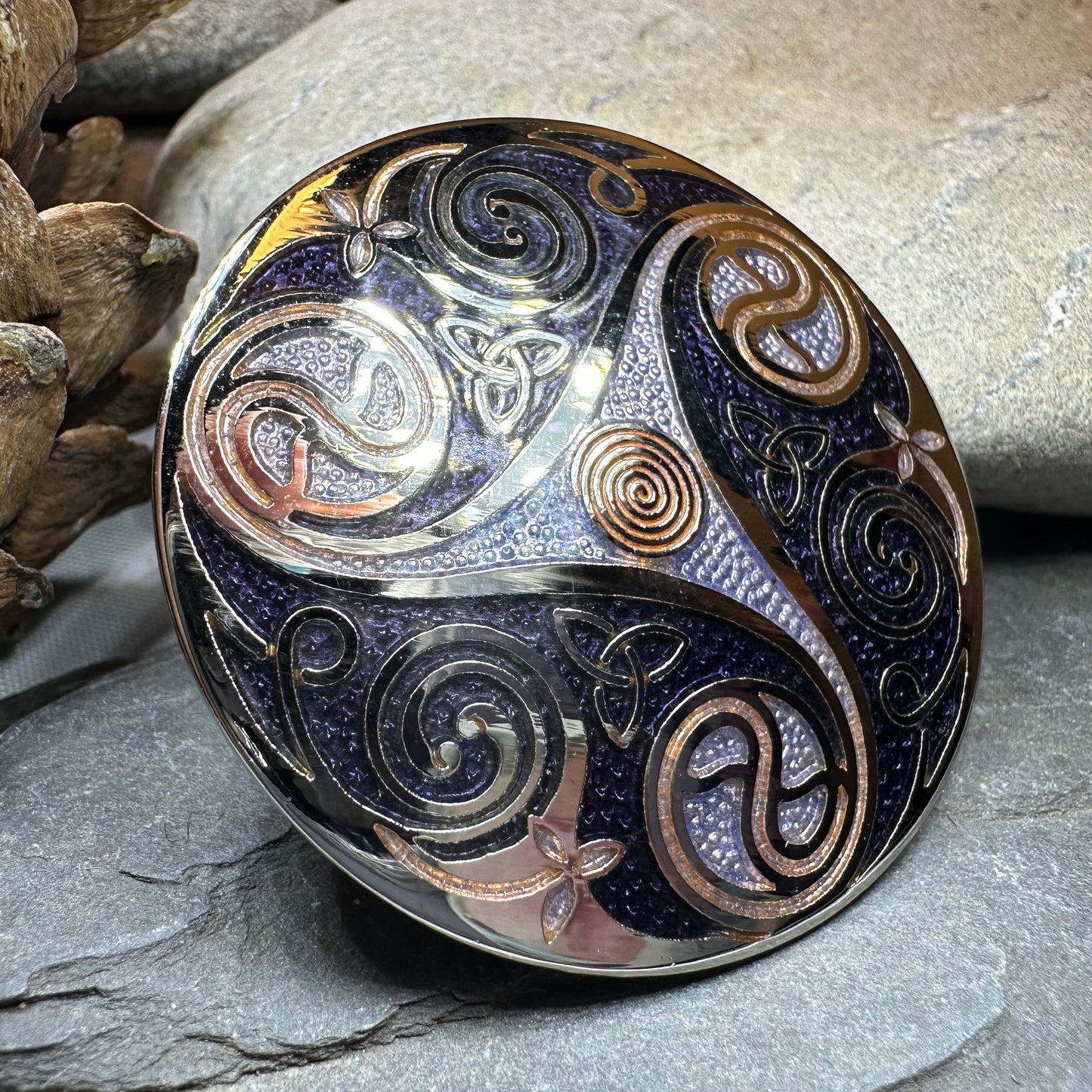Round Enamel Triskele Knot Brooch — view 3