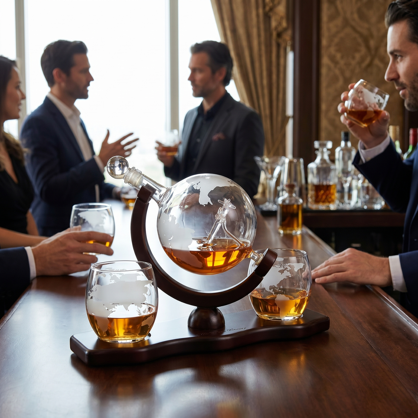 Etched World & Airplane Decanter with Whiskey Stones & Two Glasses