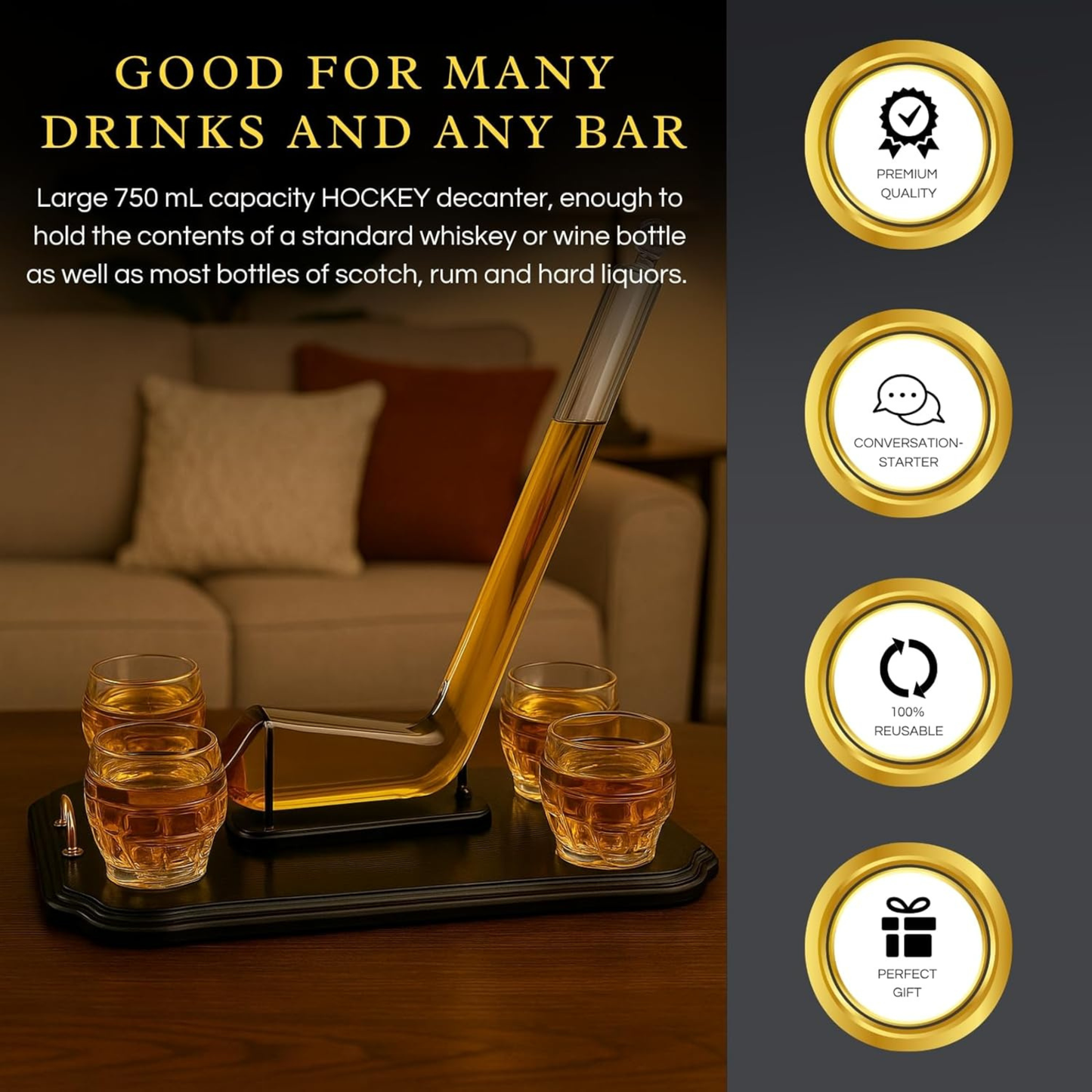Ice Hockey Whiskey Decanter Premium Barware Gift with Four Glasses