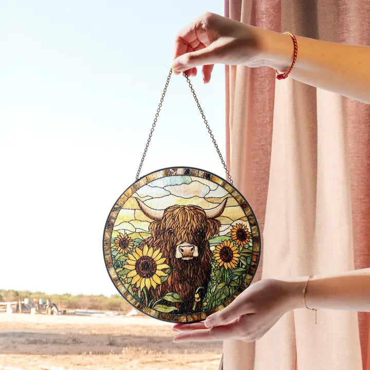 Sunflower Highland Cow Suncatcher