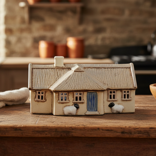 A ceramic thatched cottage-shaped container or ornament with a beige roof, blue door, and two small sheep figures, displayed on a wooden surface in a warm, rustic kitchen setting.