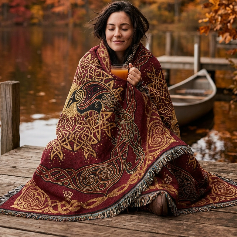 A rectangular woven throw blanket with fringed edges, featuring a deep burgundy red background and an intricate Celtic knot design in gold, black, and gray. The center depicts a stylized bird surrounded by a circular knotwork pattern.