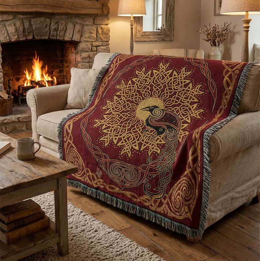 A rectangular woven throw blanket with fringed edges, featuring a deep burgundy red background and an intricate Celtic knot design in gold, black, and gray. The center depicts a stylized bird surrounded by a circular knotwork pattern.